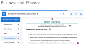 Business and Finance page from Resume Catalogue