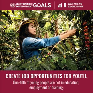 Image of woman picking fruit outdoors surrounded by burgundy border with text Sustainable Development Goals, Decent Work and Economic Growth, Create Job Opportunities for Youth, One-fifth of young people are not in education, employment or training