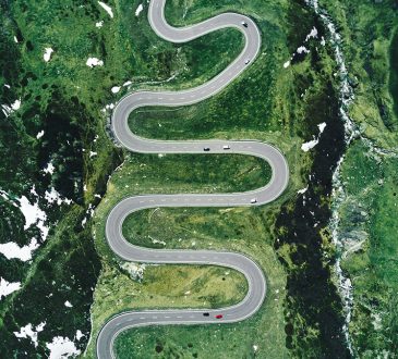 Birds-eye view of winding road