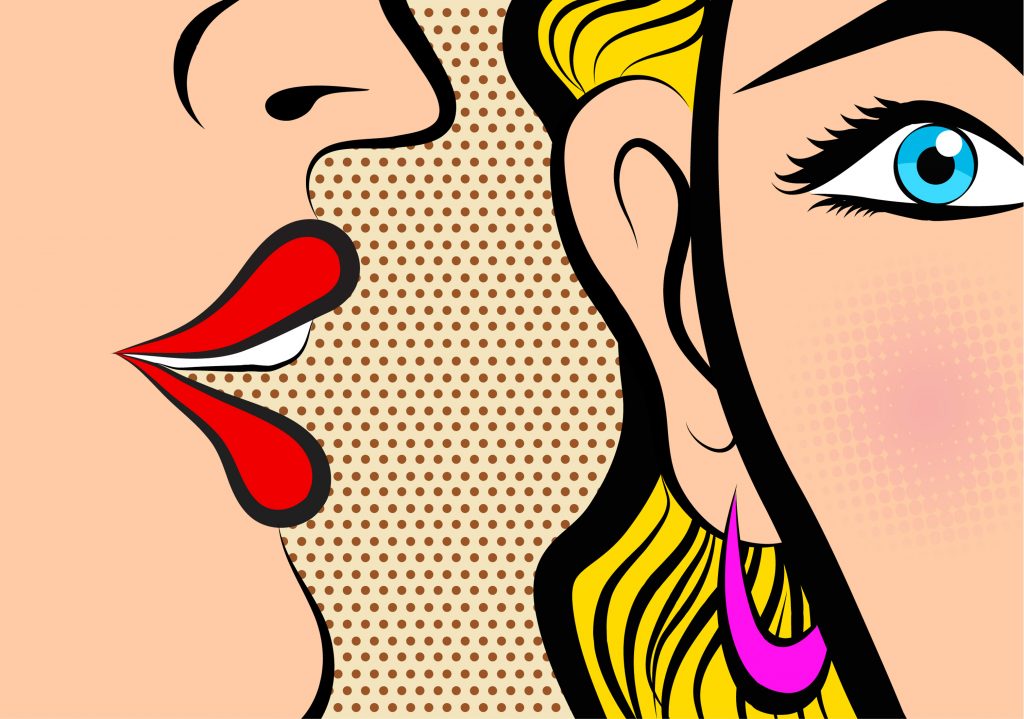 Retro Pop Art style with one woman whispering in another woman's ear