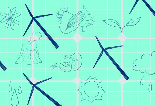 Illustration of windmills floating on teal background