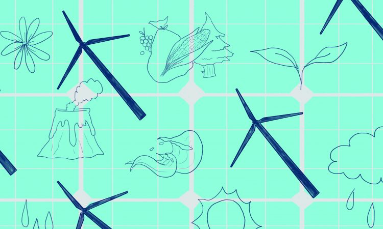 Illustration of windmills floating on teal background