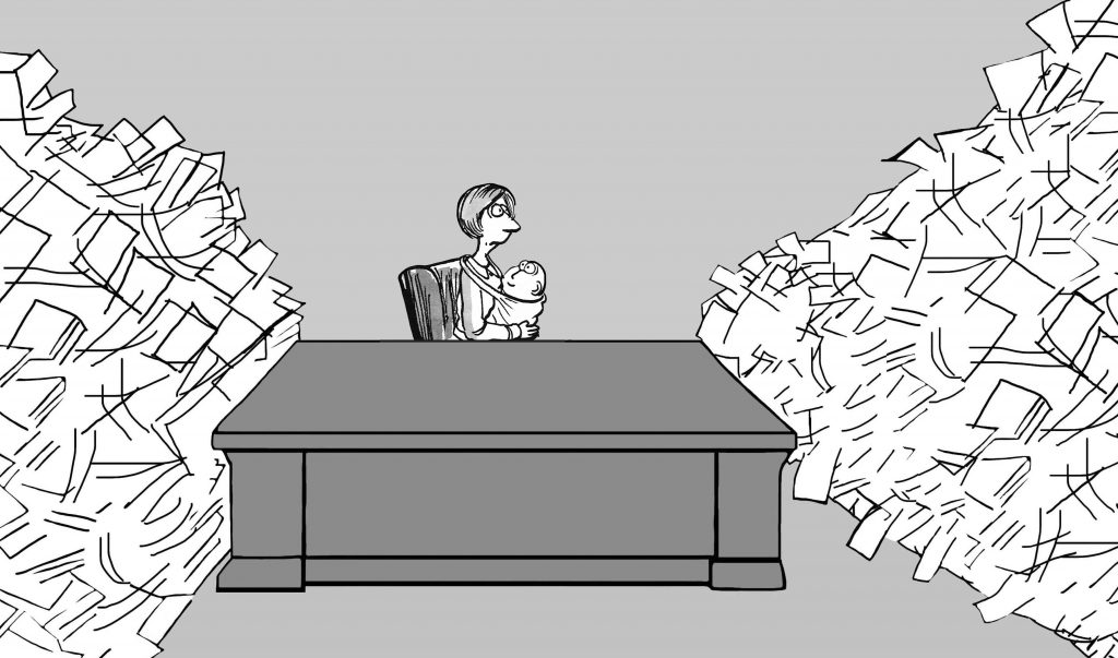 Business illustration about a mother returning to work with stacks of paper awaiting her.