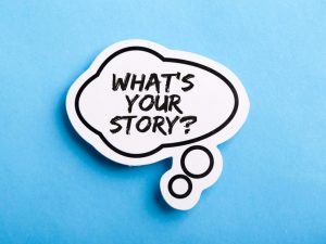 speech bubble that says "what's your story?"