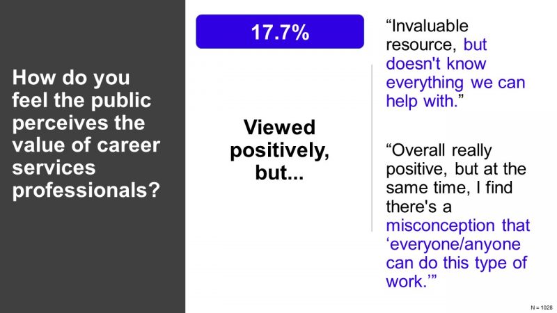 How do you feel the public perceives the value of career services professionals? 43.3% Don't know, understand, or appreciate