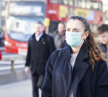 Young woman wearing face mask while walking in the streets of London