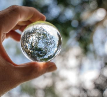 blue sky, white clouds and trees in a glass ball