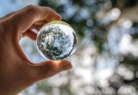 blue sky, white clouds and trees in a glass ball