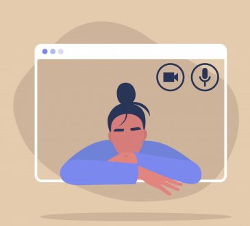 illustration of working hanging out of laptop screen with head on folded hands