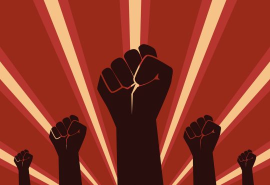 Raised Fist Hand Protest in flat icon design on red color ray background