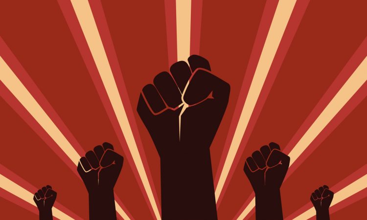 Raised Fist Hand Protest in flat icon design on red color ray background