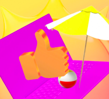 colourful graphic image with overlapping laptop, beach umbrella and ball, and emoji thumbs up