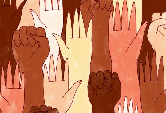 illustration of An array of hands, mostly black and POC, and some white, some holding the black power first.