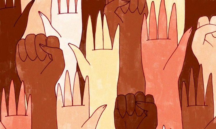 illustration of An array of hands, mostly black and POC, and some white, some holding the black power first.