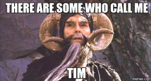 screenshot from Monty Python with words "There are some who call me Tim"