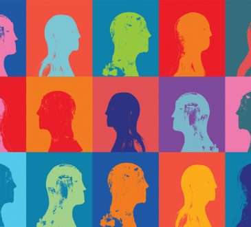 silhouettes of heads in pop art style grid