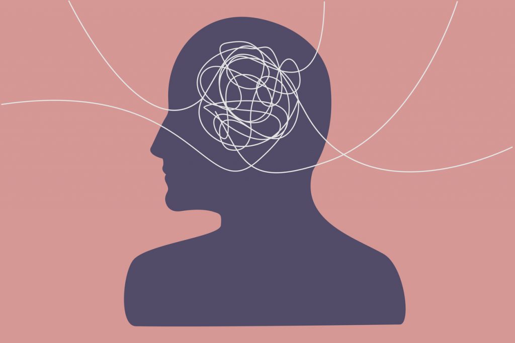 Several lines from different directions that tangle in a person's head, flat illustration.