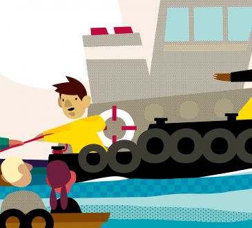 illustration of tugboat with person holding out rope to other person on smaller boat behind it