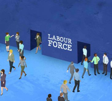 illustration of women exiting door marked labour force as men walk in another
