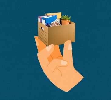 illustration of large hand holding small box of personal effects from office