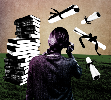 photo illustration of woman looking at stack of books and floating diplomas