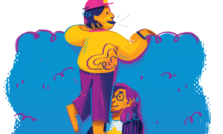 illustration of person holding another person up so they can see over hedge