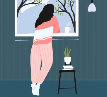 illustration of woman looking at budding trees outside windwo