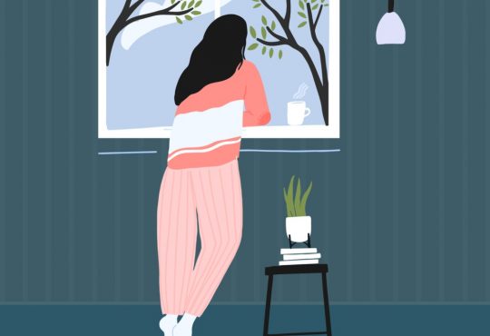 illustration of woman looking at budding trees outside windwo