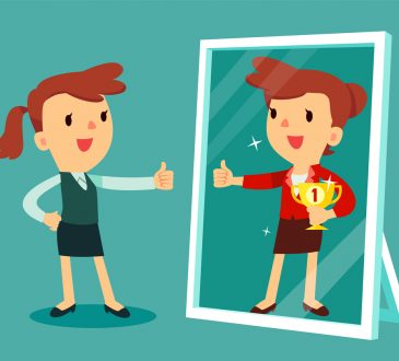 illustration of businesswomen standing in front of a mirror looking at her reflection and imagine herself successful.