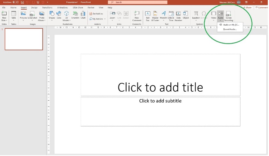 PowerPoint with audio button selected