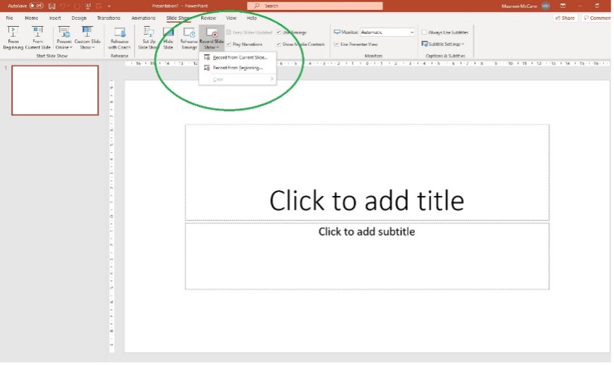 PowerPoint with Record Slide Show button selected