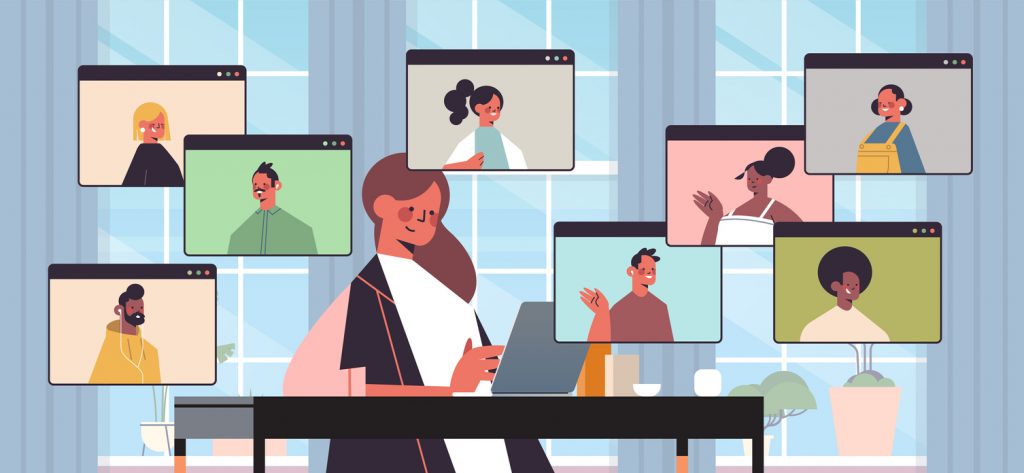 illustration of businesswoman chatting with colleagues during video call