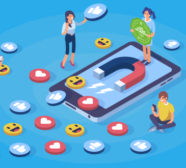 illustration of people standing on tablet surrounded by social media icons of likes and smiley faces