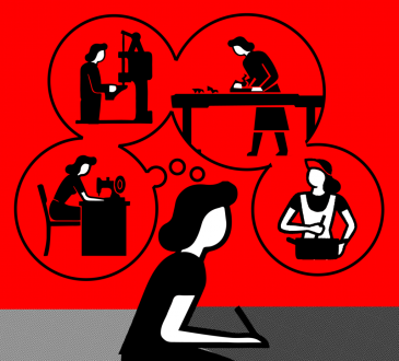 black and red illustration of woman sitting with thought bubbles showing different careers