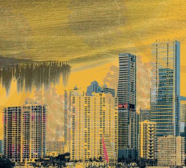 illustration of skyscapers with upside-down farm as sky