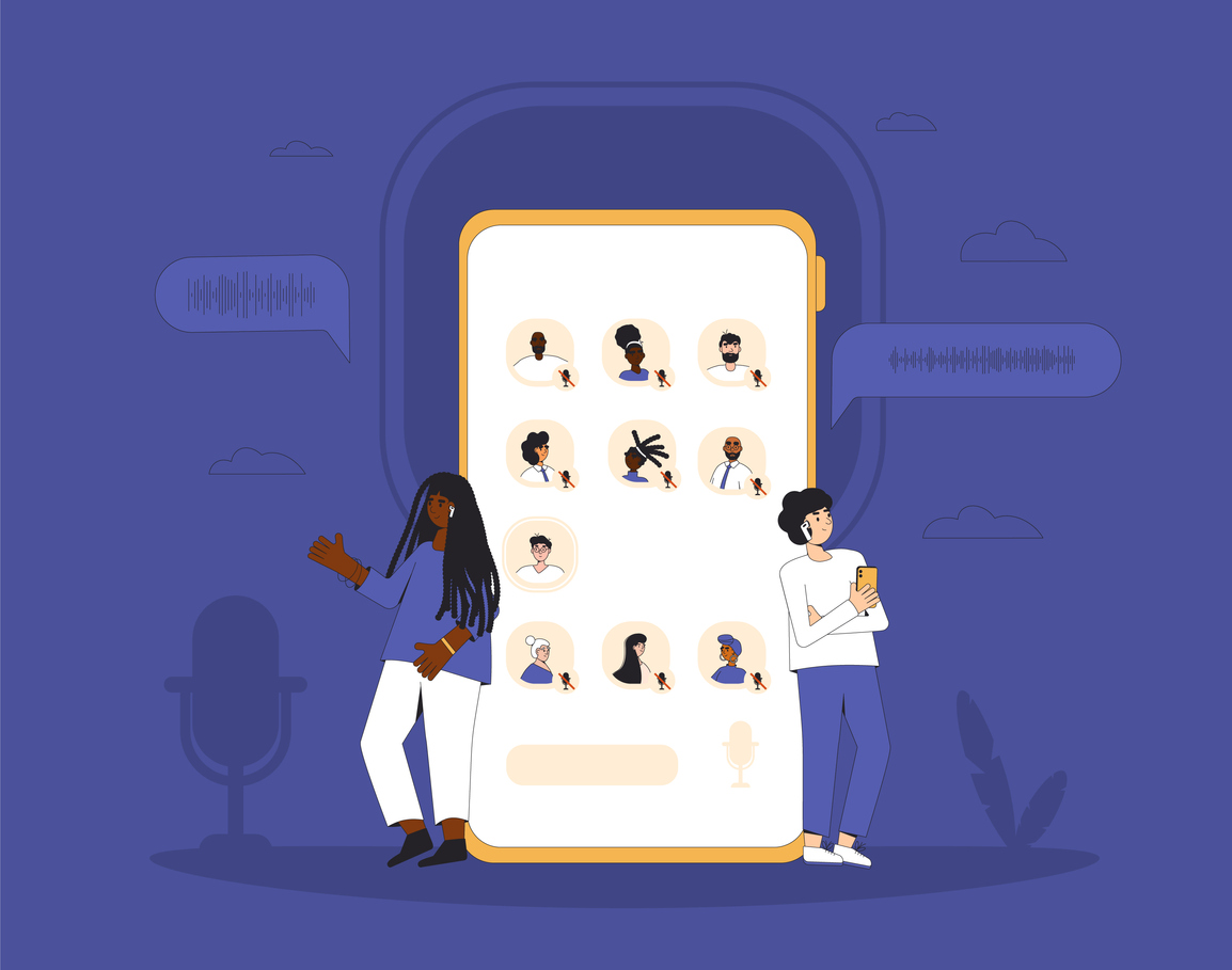 illustration of two people leaning against human-sized phone with a bunch of people on the screen talking