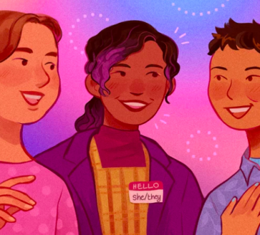 illustration of three people wearing name tags with their pronouns