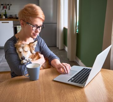 woman hugs her dog while working at home at the laptop.