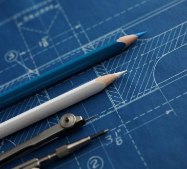 Drawing tools lying over blueprint paper close-up
