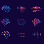 digital icon representations of brains using colourful lines and dots on dark purple background