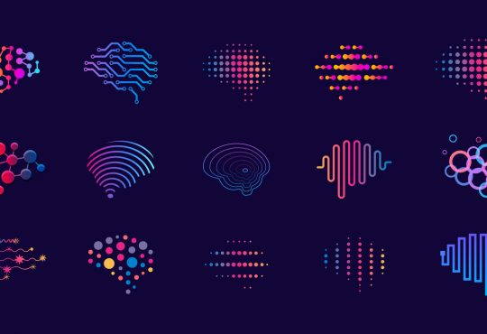 digital icon representations of brains using colourful lines and dots on dark purple background