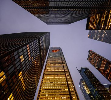 A panoramic view of the financial district showing businesses and skyscrapers in Toronto, Ontario, Canada