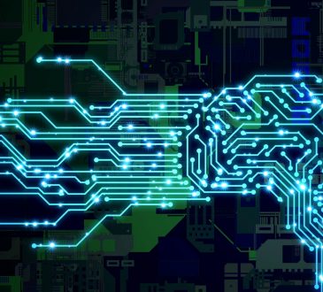 AI (Artificial Intelligence) concept. Human brain and circuit board.