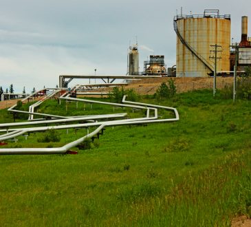 Oil pipes and refinery in green field.