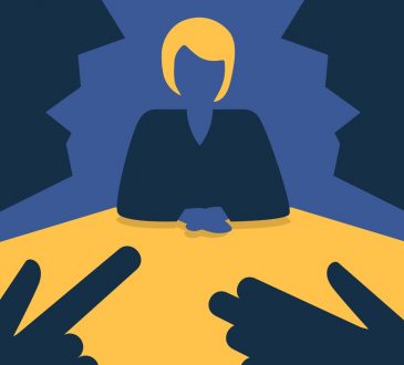vector illustration of woman in job interview with two interviewers in discussion