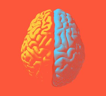 Left and right brain concept image on orange background.