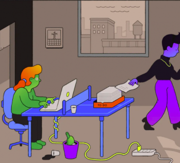 Illustration of woman working on laptop on ping pong table in office.