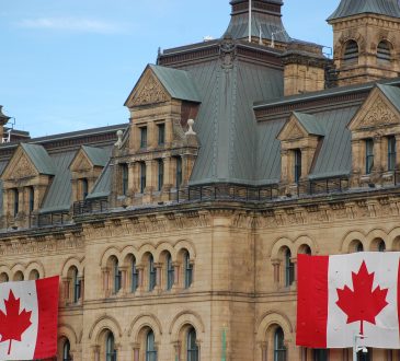 Canadian flags on building.