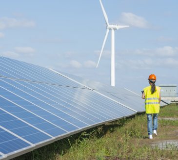 A female engineer is walking beside solar panels