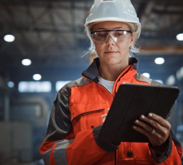 Female Industrial Specialist Walking in a Metal Manufacture Warehouse.